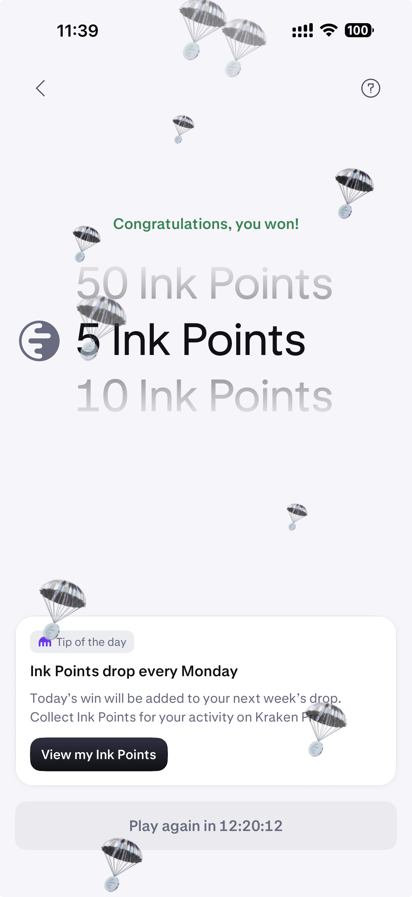 Kraken Pro Price Predictor screen showing a 5 Ink Points reward